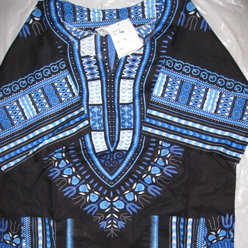 NEW- Dashiki BLACK, BLUE, WHITE SHIRT TOP SHORT SLEEVES BLOUSE, 4 6 8 SM to Med